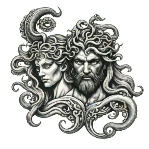 Medusa And Poseidon Holding Head