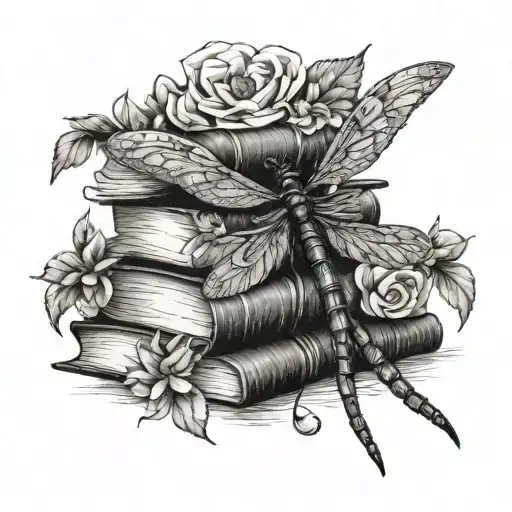 A Stack Of Books With Dragonfly Wings And Flowers Growing Out Of The Pages