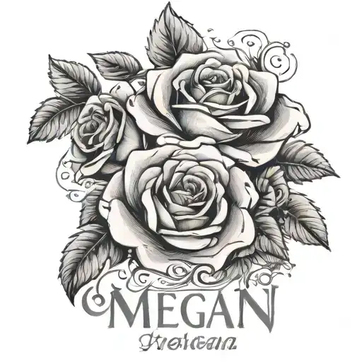 The Name Megan With Rose Bushes Around It And Diamonds
