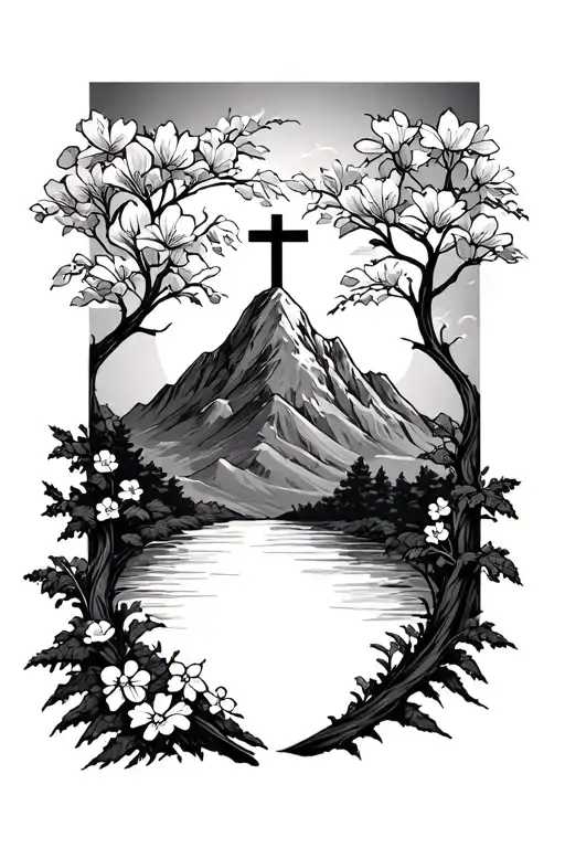 Mountain With Dogwood Trees And Flowers With A Cross That Is In The Blank Space