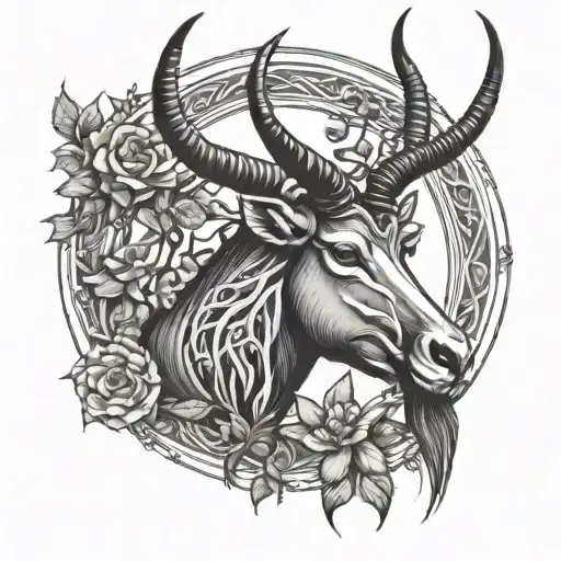 Gemsbok Head With Vines Surrounding And Sun Between The Horns