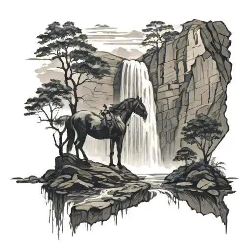 A Mystical Waterfall Cascading Down A Mountain With A Silhouette Of A Horse In The Foreground