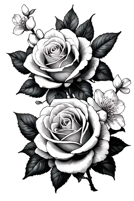 Roses And Cherry Blossoms With A Little Red And White Highlight