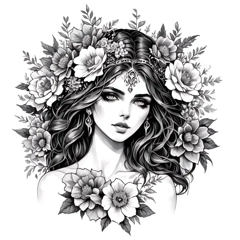 Sexy Pagan Goddess Surrounded By Flowers