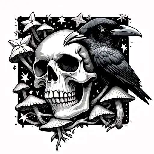 Skull With Crow Mushrooms Stars And Stay Weird