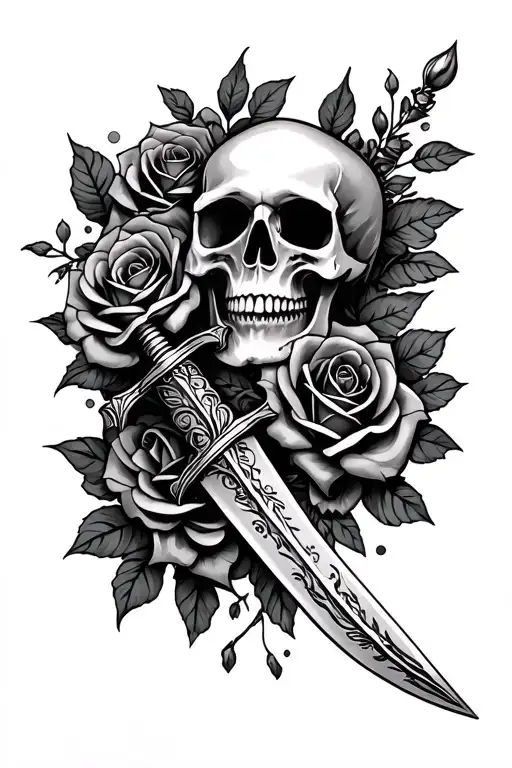 Dagger In Skull With Roses
