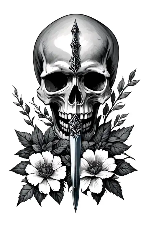 Dagger Planted In A Skull With Flowers At The Bottom