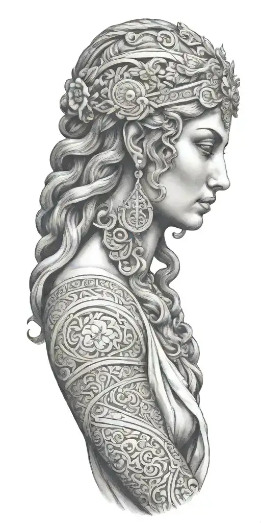 Full-front Side Of Greek Goddess With Hands Down