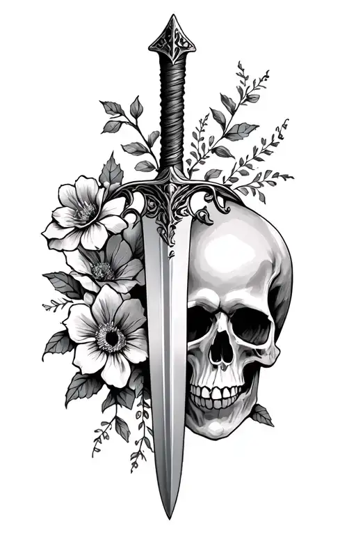 Dagger Planted In A Skull With Flowers At The Bottom