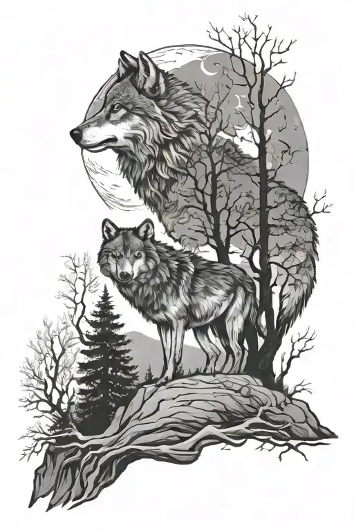 Wolf With Moon Rising With Black Trees Growing