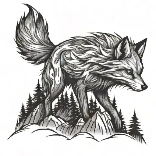 High Mountains In Front Of Them An Evil Fox With Nine Tails Breaks Trees A Tattoo Sketch