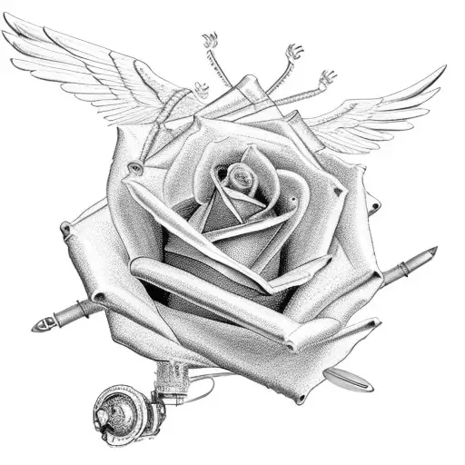 An Intricately Detailed Mechanical Rose With Airplane Wings Emerging From Its Stem