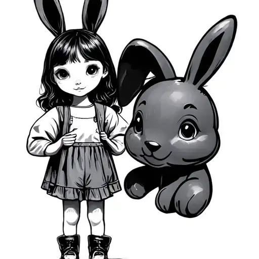 Little Girl Standing And Holding The Bunny Toy For Its Ear