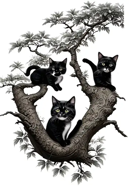 Cats Playing In Trees In An Asian Style