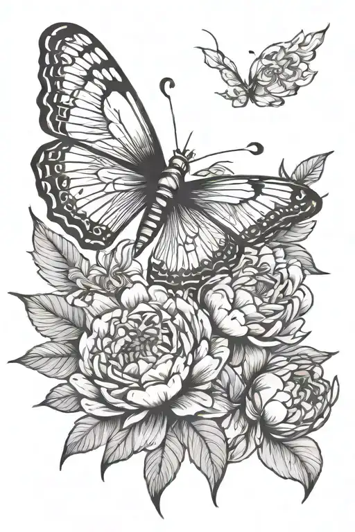 Depression Butter Fly With Peonie Flowers And Leaves