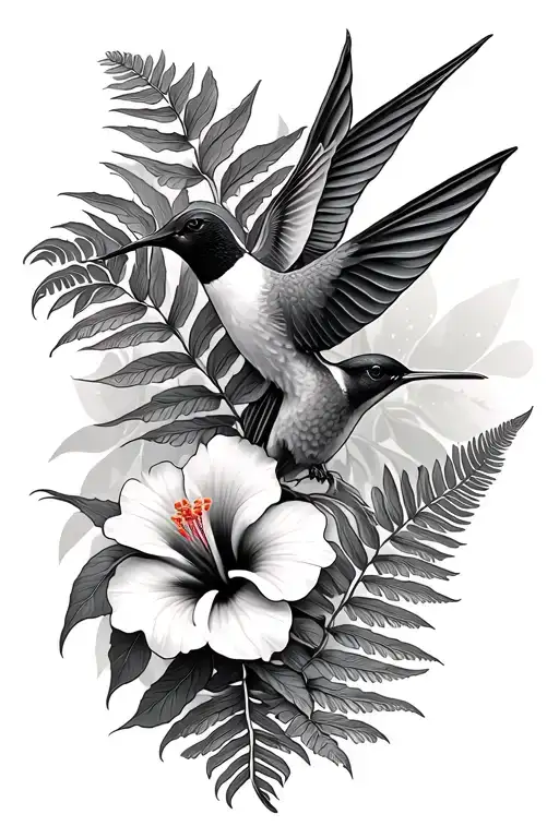 Fern And Hummingbird And Hibiscus Flower