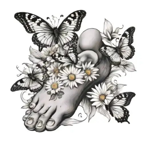 Baby Foot Print Surrounded With Butterflies And Daisies