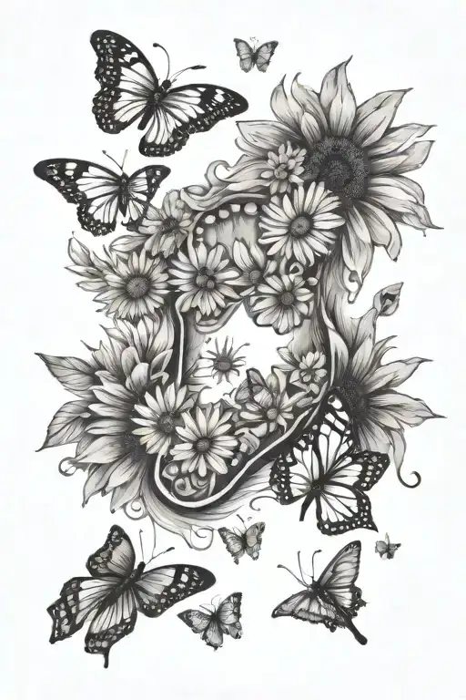 Baby Foot Print Surrounded With Butterflies And Daisies
