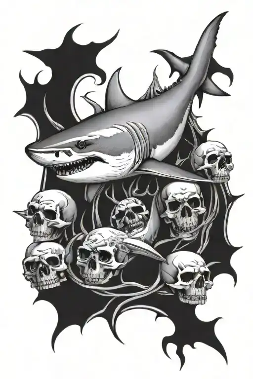 Great White Shark And Skulls Surrounded