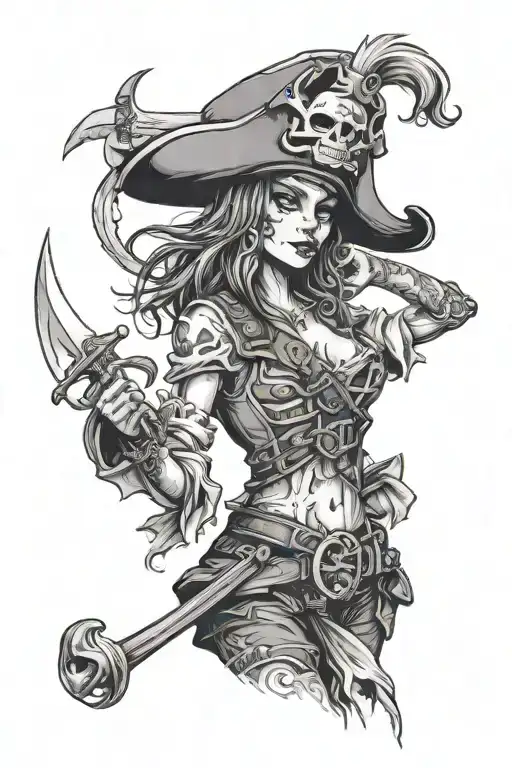 Girl And Skelton Pirate Wearing A Hat