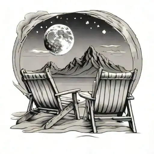 Three Beach Chairs Looking At Some Mountains With The Moon In The Sky