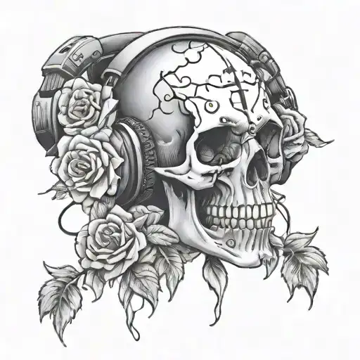 Skull Wearing Headphones And Holding Roses Bleeding And Qoute 'Even The Dark Has Its Depth'