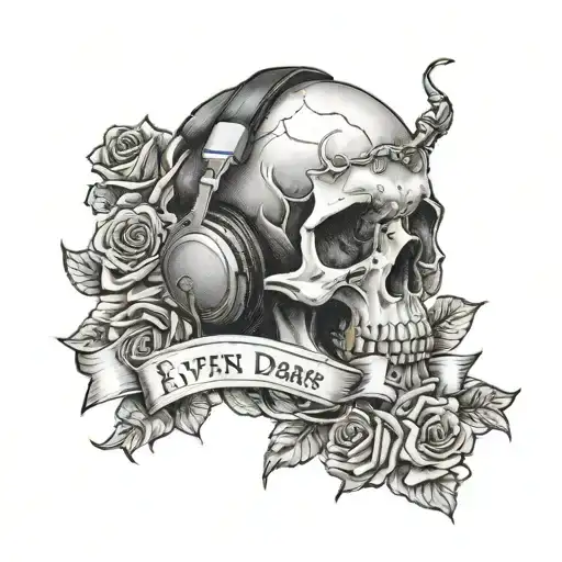 Skull Wearing Headphones And Holding Roses And Qoute 'Even The Dark Has Its Depth'