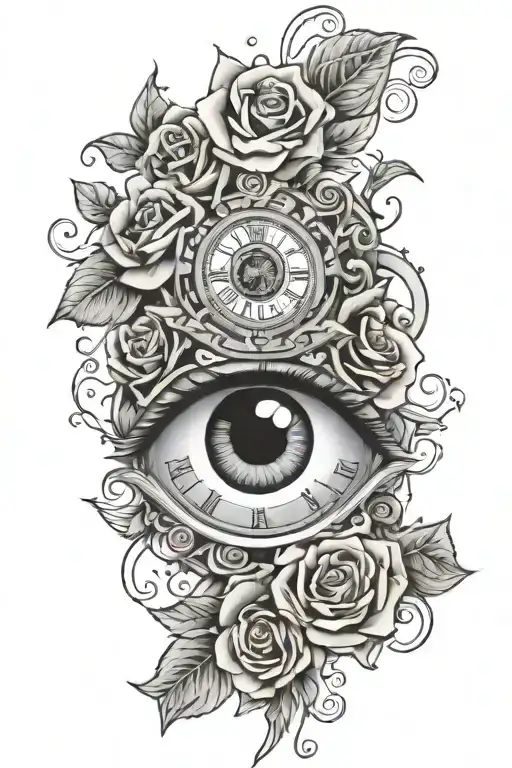 Eye Surrounded With Roses And Clock