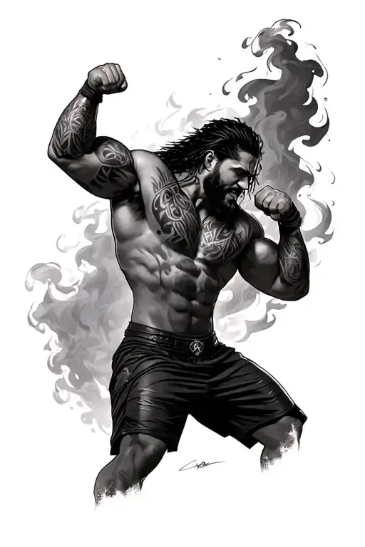 Roman Reigns Wwe Wrestling Smoke Fire Flexing Both Arms Tribal