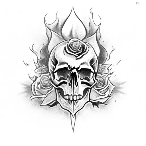Skull With Flames And Roses