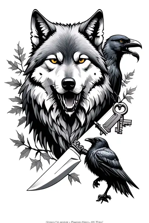 A Wolf Holding A Knife With A Raven Holding A Key With Some Narra Tree Leaves As Accent