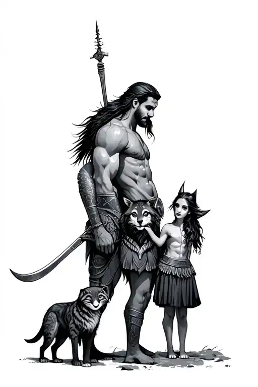 Father And Daughter Warriors With Animals
