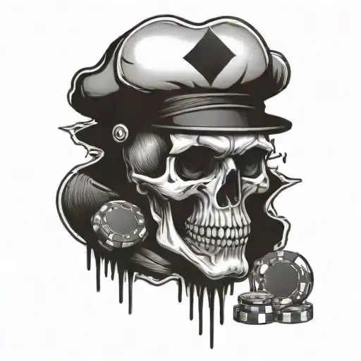 A Detailed Skull Wearing A Casino Dealer Visor And Holding A Stack Of Poker Chips