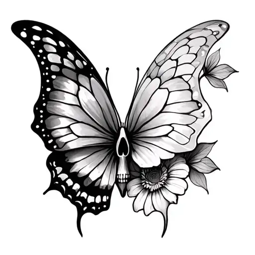 Skull Butterfly Flower Intertwined