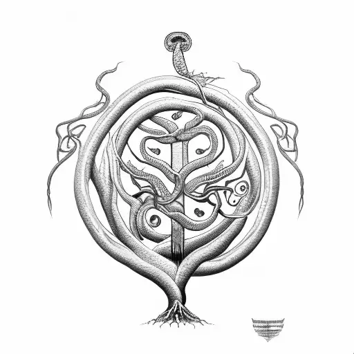 Circular Tree Of Life With Snake Rod Of Asclepius