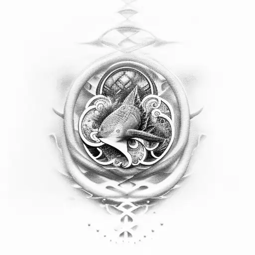 An Intricate Black And Grey Tattoo Of A Veterinary Symbol Surrounded By Ocean Waves