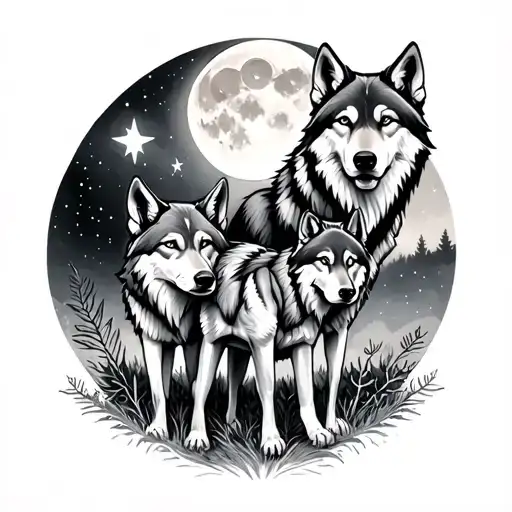 2 Wolves 2 Calf Wolves Forest Stars Moon