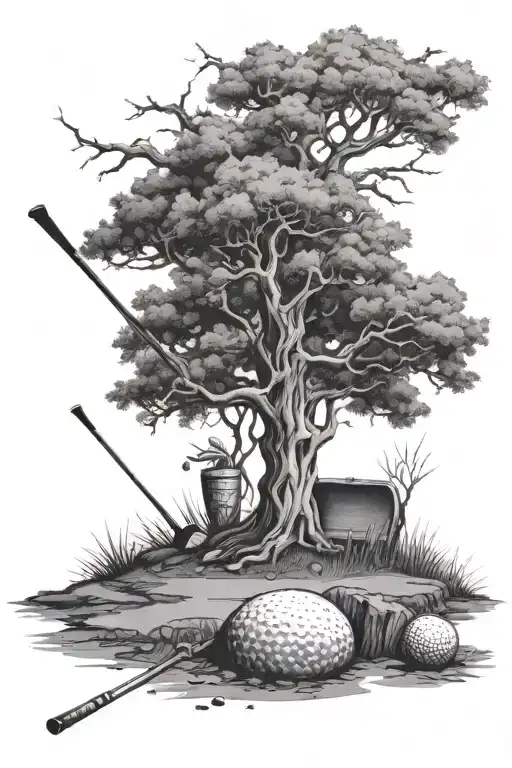 Foreground Is A Golf Teebox With A Live Tree Background Is The Golf Pin With A Dead Tree