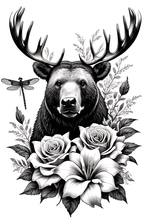 Floral Piece That Is Roses And Lilies With A Bear And A Moose And A Dragonfly Mixed In