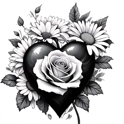 Heart With Rose And Daisy Flower