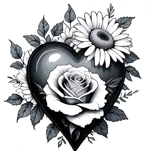 Heart With Rose And Daisy Flower