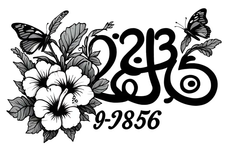 The Date 09-28-1956 In Cursive Letterswith Hibicus Flower Blooming And Butterflies