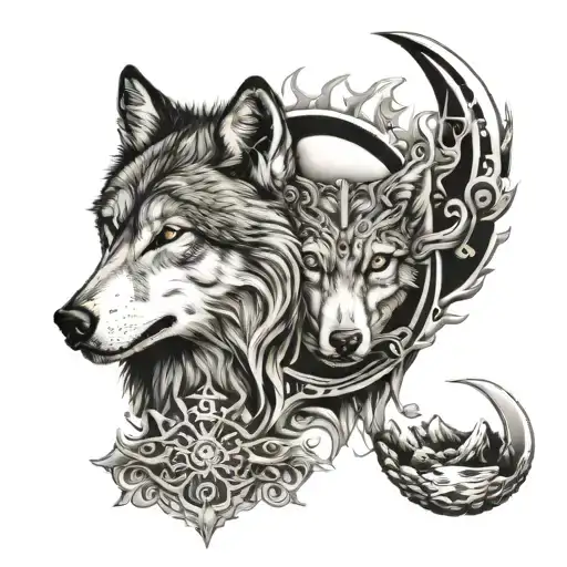 Wolf And Greec And Half Moon Half Sun Rising