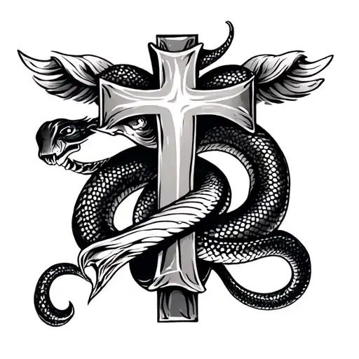 A Cross Tattoo With A Snake On It Then A Scroll