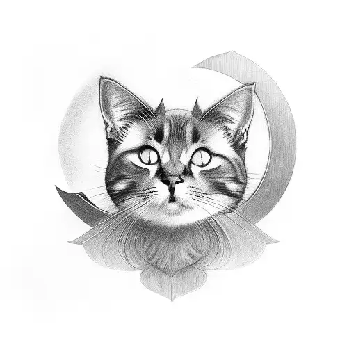 A Black And Grey Portrait Of A Cat With A Halo And A Cross