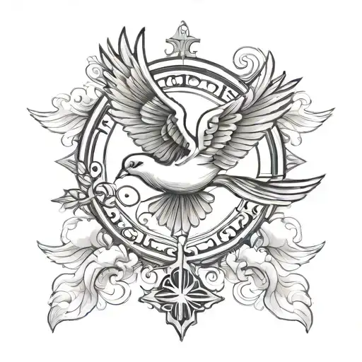 Cross And Dove Flying In Sky