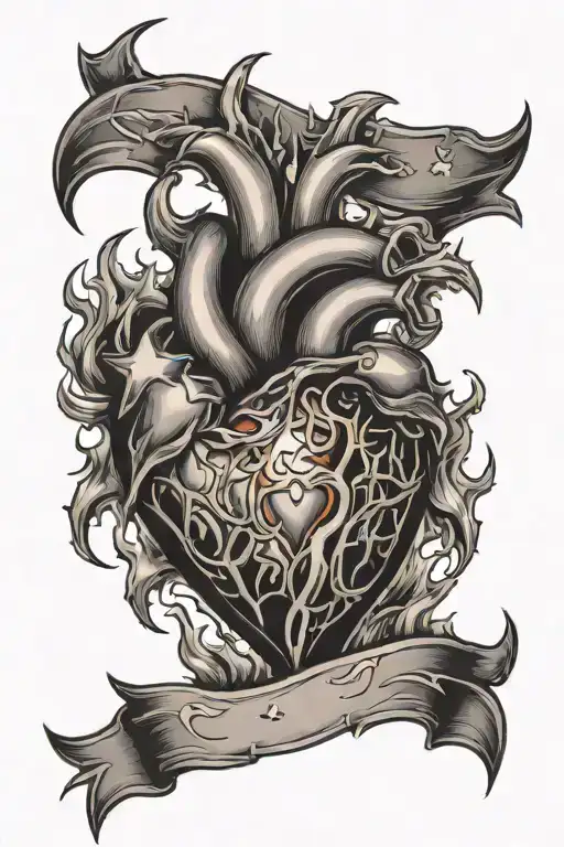 Heart On Fire With 5 Fiery Stars Shooting From It