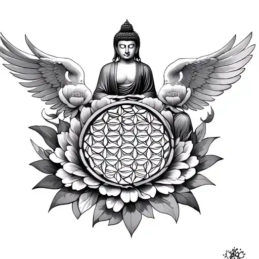 Flower Of Life With Buddha On Top Then Two Angels On Top Of That