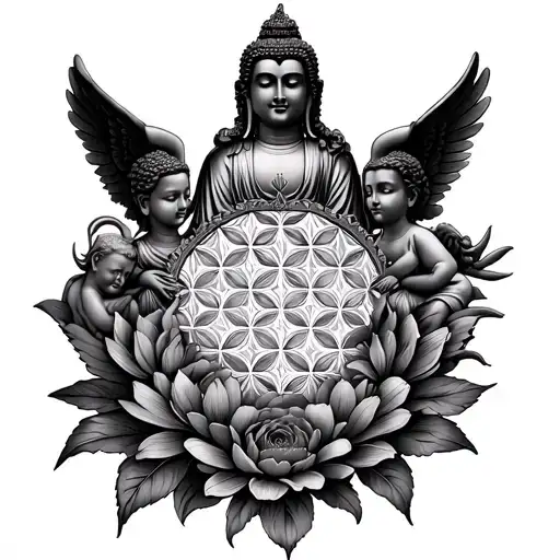 Flower Of Life First Then With Buddha On Top Then Two Kid Angels On Top Of That