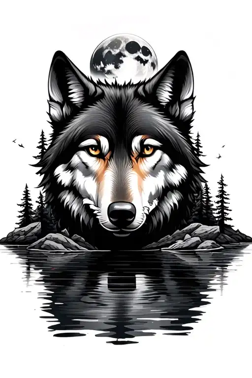 Wolf And Moon And Woods Around Water